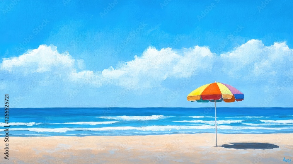 A colorful beach umbrella on a sunny beach, with the blue sky and gentle ocean waves in the distance, capturing a perfect summer day