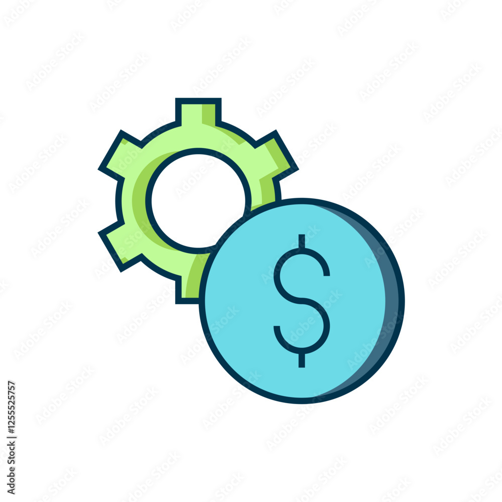 Filled outline Gear with dollar symbol icon isolated on white background. Business and finance conceptual icon. Flat filled outline style with shadow. Vector Filled outline Gear with dollar symbol icon isolated on white background. Business and finance conceptual icon. Flat filled outline style with shadow. Vector