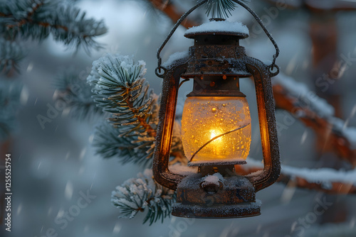 Photo - Winter Glow Lantern Light Snow Frost Pine Tree Evening Cozy Warm