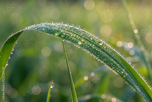 A Glimpse of Nature's Beauty: Morning Dew on a Single Blade of Grass Reflecting Light photo