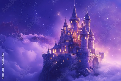 Magical purple castle illuminated at night amidst clouds and stars