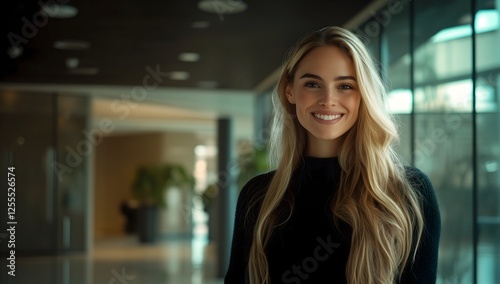 Smiling Blonde Female Fitness Influencer in Black Sweater Standing Inside Office Building, Looking at Camera