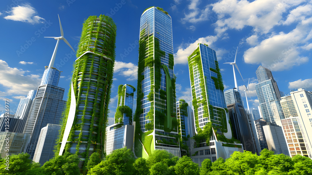 Obraz premium Tall buildings featuring green plants and sustainable design elements in an urban environment