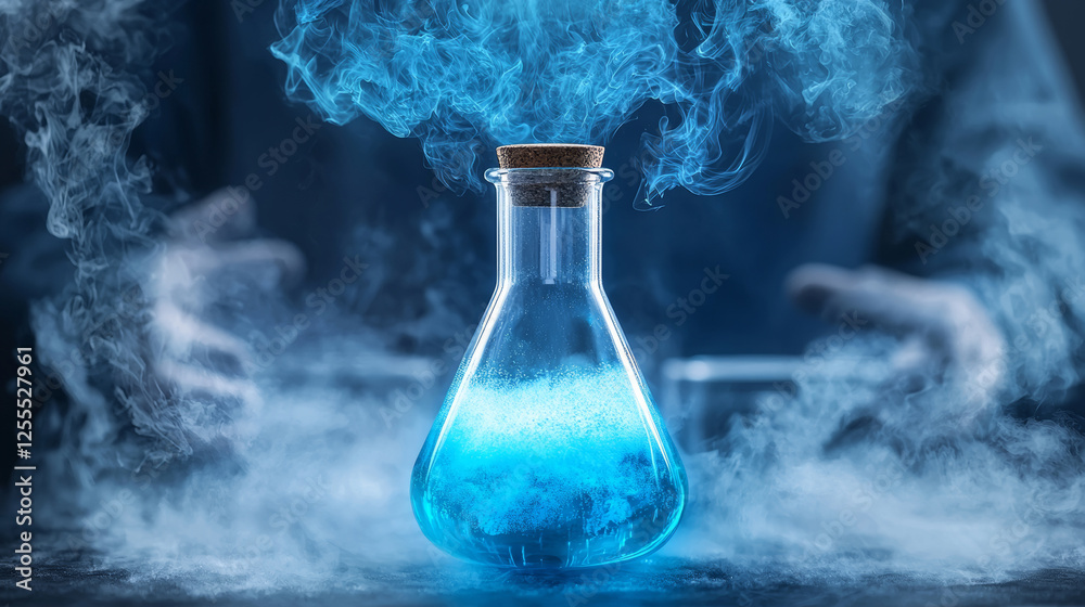 mysterious blue potion emits smoke from flask in dimly lit laboratory mysterious blue potion emits smoke from flask in dimly lit laboratory