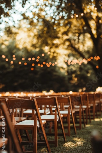 Wooden chairs lined up for outdoor wedding ceremony with string lights hanging above them and trees in the background, copy space. Golden sunlight bathes everything in warm hues.