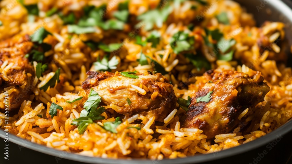 Close-up of rice and Indian biryani with chicken and spices in a traditional Indian bowl, emphasizing aromatic and flavorful qualities. Ideal for Indian cuisine and festive meals. Close-up of rice and Indian biryani with chicken and spices in a traditional Indian bowl, emphasizing aromatic and flavorful qualities. Ideal for Indian cuisine and festive meals.