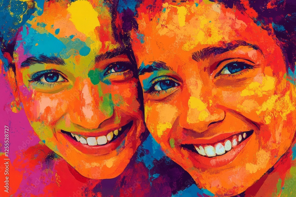 Expressive painting of two girls smiling and celebrating holi, the festival of colors, covered with vibrant powder paint Expressive painting of two girls smiling and celebrating holi, the festival of colors, covered with vibrant powder paint