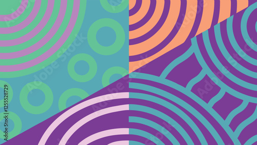This vector background showcases a dynamic interplay of circular patterns and lines in bright colors, suitable for various design and creative applications