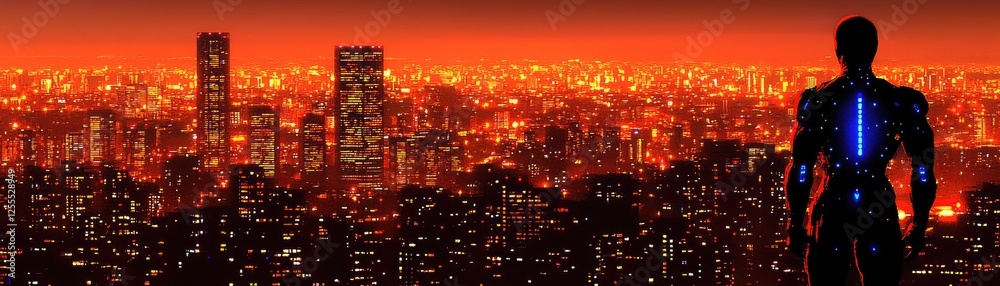 Futuristic man cityscape night view, red sky. Sci-fi concept Futuristic man cityscape night view, red sky. Sci-fi concept