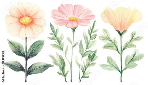 Three watercolor flowers with delicate petals and green leaves on a white background