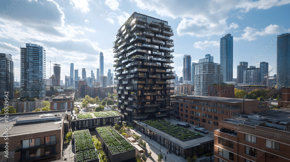 Tall modern building surrounded by lush green tulip gardens in a sustainable urban environment Tall modern building surrounded by lush green tulip gardens in a sustainable urban environment
