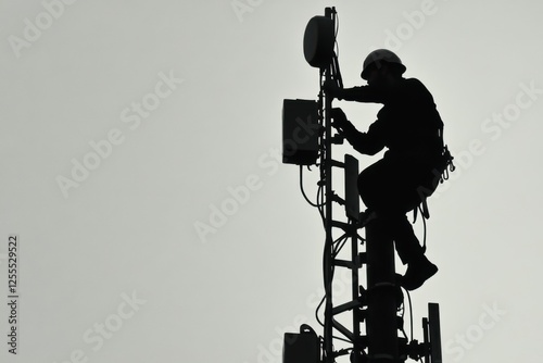 Silhouetted of a telecom technician in a harness and helmet works on equipment atop a tall telecommunications tower, emphasizing the challenging nature of their job. Grey background