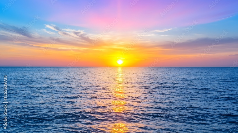 Obraz premium Serene Sunset Over Calm Ocean Waters with Vibrant Color Palette