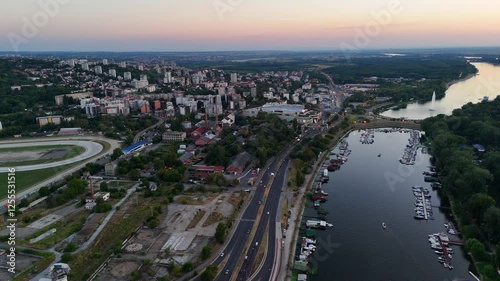 Flying over the city and river in Belgrade