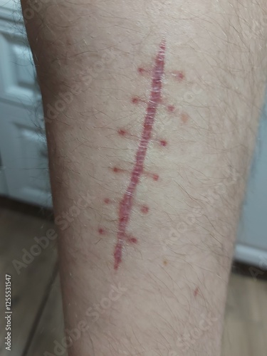 Surgical suture on a man's leg after surgical treatment of a cut. Six stitches on the leg. Scar after stitch. 