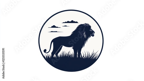 Lion standing in grass, a wildlife vector logo for environmental protection & wild nature marketing photo