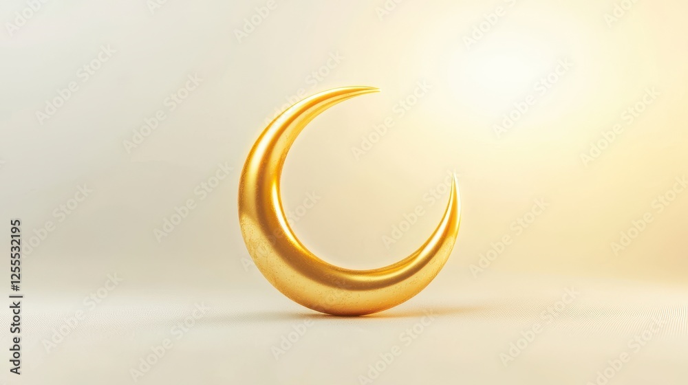 Shiny Gold Crescent Moon Sculpture on Soft Background with Bright Light Effects for Design and Art Projects