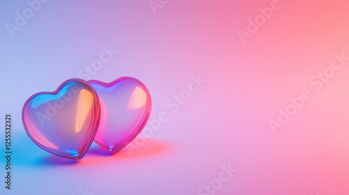 Two neon glass hearts on pink and blue gradient background in iridescent colors, 3D rendering banner with copy space. Valentine's Day and love concept.