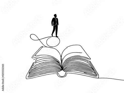 Single continuous line drawing man standing on a large flying open book. Like riding a cloud, able to fly as high as possible. Reading increases insight. Love read. One line design vector illustration