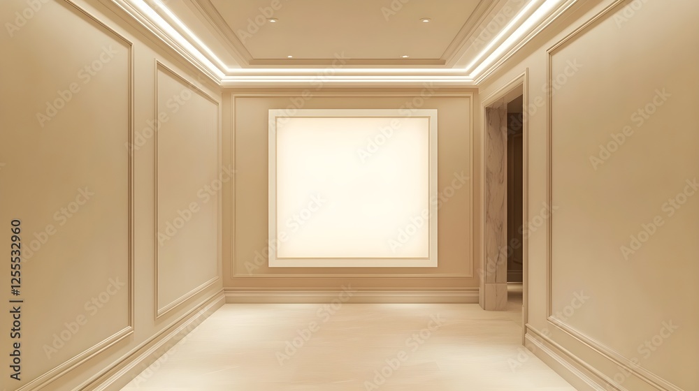 Fototapeta premium A soft-toned hallway with a large blank white frame and built-in recessed lighting.