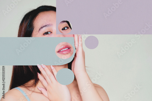 Contemporary beauty portrait with geometric shapes partially covering the face photo