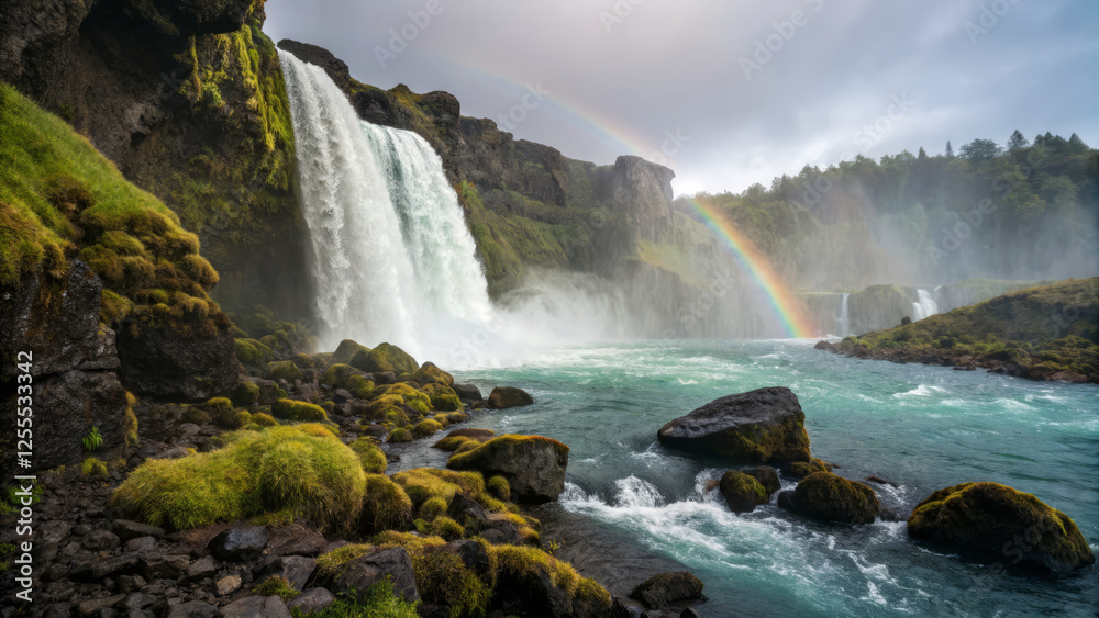 Fototapeta premium Majestic waterfall with rainbow over rocky landscape and lush greenery