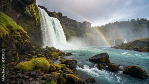 Majestic waterfall with rainbow over rocky landscape and lush greenery