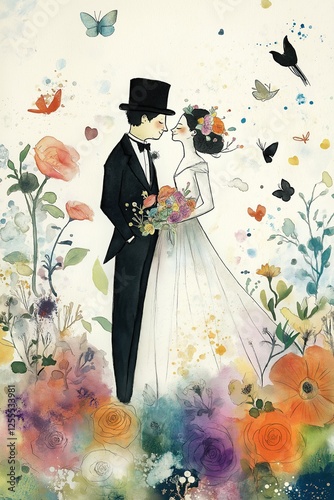 Whimsical wedding illustration of bride and groom stand close together in their garden, surrounded by blooming flowers and butterflies, watercolor painting style.