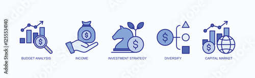 Capital Growth Icon Set Isolated Vector With Icon Of Budget Analysis, Income, Investment Strategy, Diversify, Capital Market In Blue Style