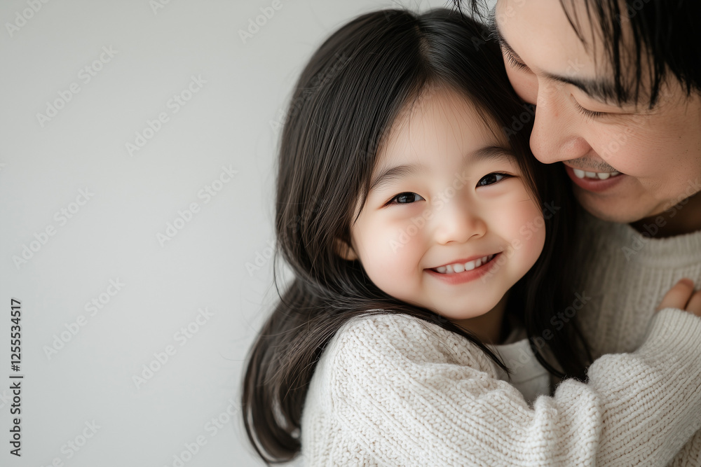 笑顔の女の子とお父さんが向かい合って抱っこしている スタジオで撮影した記念写真 幼児 小学生 幼稚園 保育園