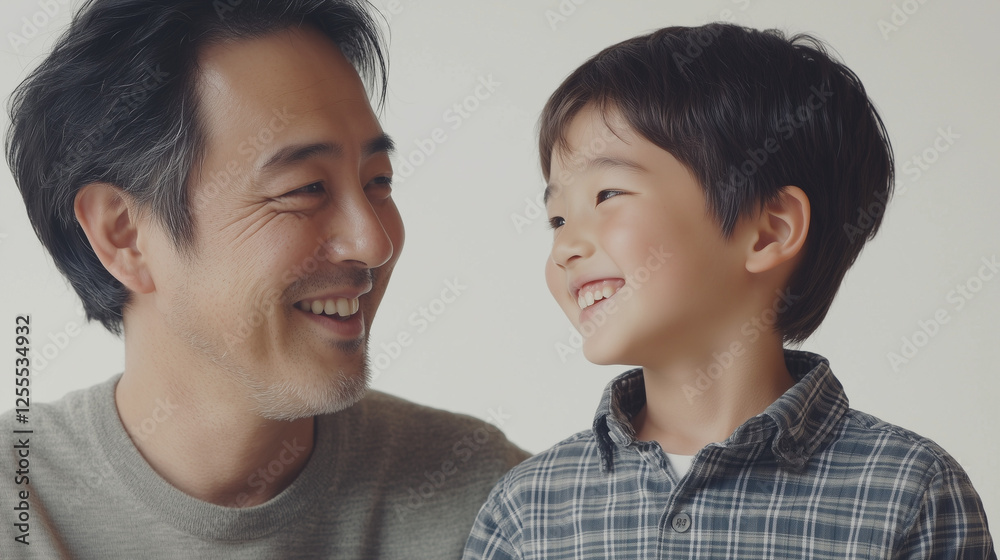 笑顔の男の子とお父さんが向かい合って話し合っているスタジオで撮影した記念写真 幼児 小学生 低学年 1年生