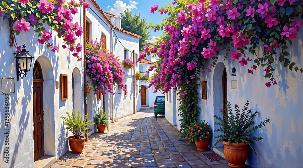 Fototapeta premium Charming street scene with vibrant flowers, sunny mood, in a picturesque Mediterranean village