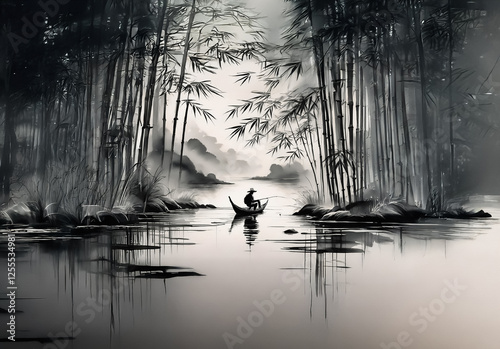 Misty landscape of China with bamboo forest framing a calm lake. A lone boatman navigates the serene water, mountains in the distance.