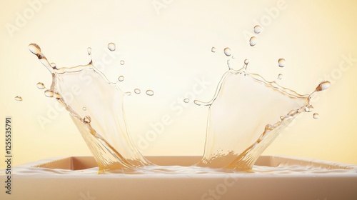 Beautiful Water Splash with Droplets in Soft Light on a Subtle Yellow Background for Creative Projects