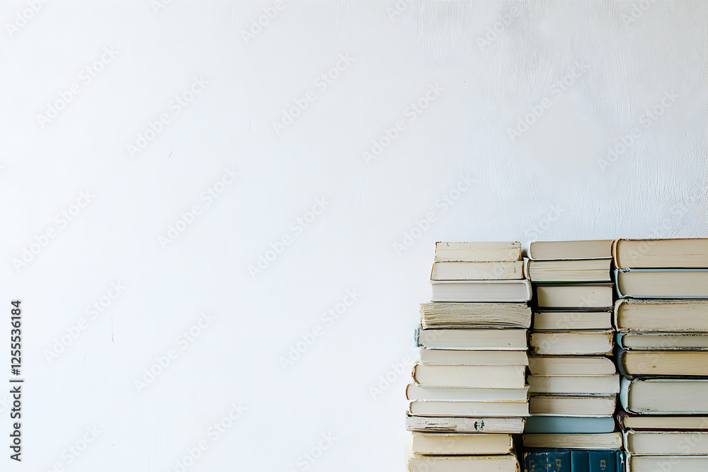 Stack of old books against a white wall, suggesting reading, knowledge, and education. Minimalist and elegant aesthetic. Stack of old books against a white wall, suggesting reading, knowledge, and education. Minimalist and elegant aesthetic.