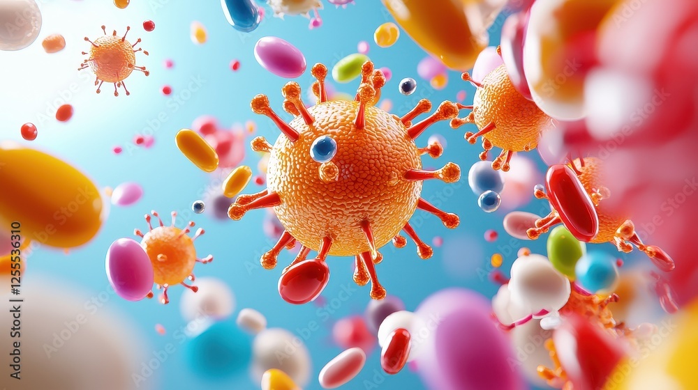 Colorful Representation of Viruses and Pills in a Multicolored Scene Colorful Representation of Viruses and Pills in a Multicolored Scene