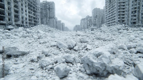 Destroyed city street, ruins, grey sky, possible war zone photo