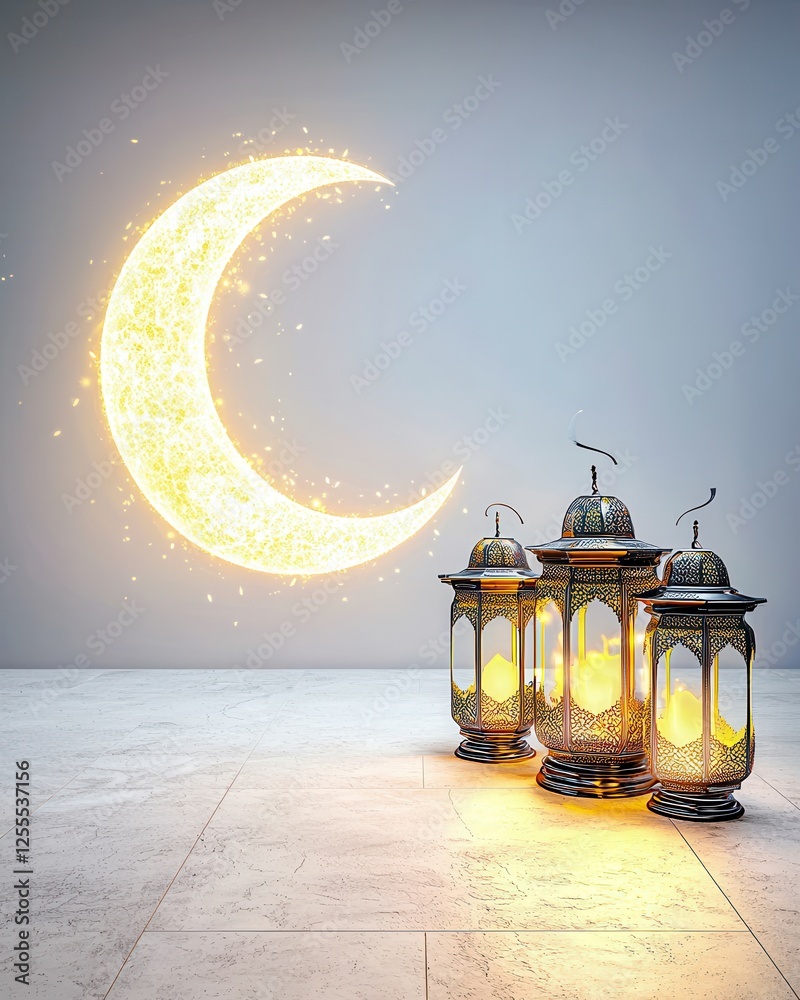 Magical Lanterns and Glowing Crescent Moon in Serene Indoor Setting for Relaxation and Inspiration