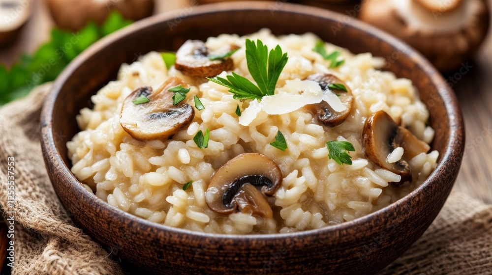 Close-up of rice and Italian risotto with mushrooms and parmesan in a rustic Italian bowl, emphasizing creamy and rich qualities. Ideal for Italian cuisine and gourmet dishes. Close-up of rice and Italian risotto with mushrooms and parmesan in a rustic Italian bowl, emphasizing creamy and rich qualities. Ideal for Italian cuisine and gourmet dishes.