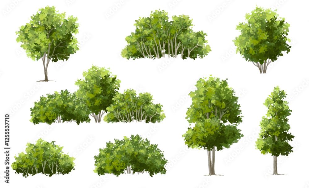 Vertor set of green tree,plants side view for landscape elevations,element for backdrop,eco environment concept design,watercolor greenery scene,shrub Vertor set of green tree,plants side view for landscape elevations,element for backdrop,eco environment concept design,watercolor greenery scene,shrub