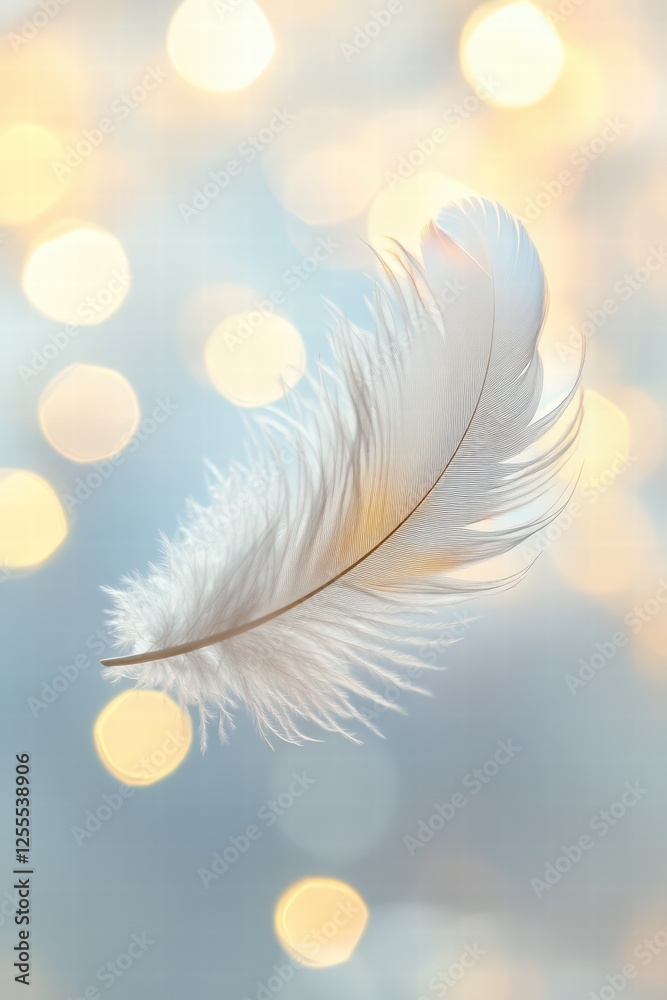 Naklejka premium Soft White Feather Floating Above Soft Golden Bokeh Background