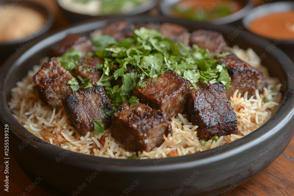 Delicious grilled beef cubes served atop fluffy basmati rice, garnished with fresh cilantro. A hearty and flavorful meal. Delicious grilled beef cubes served atop fluffy basmati rice, garnished with fresh cilantro. A hearty and flavorful meal.