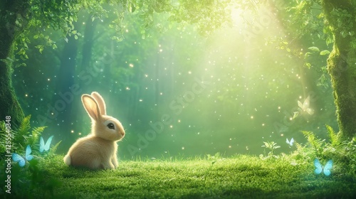 A serene rabbit sitting in a sunlit forest surrounded by vibrant greenery and butterflies.