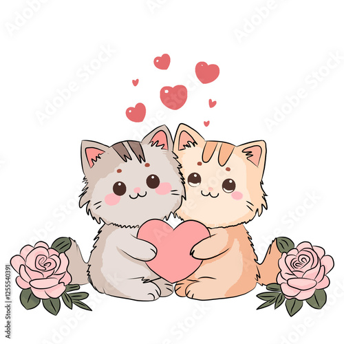 This illustration is in a cute (kawaii) style, depicting two cats sitting close together. One cat is gray with dark stripes, while the other is orange with light stripes. Both have gentle expressions,