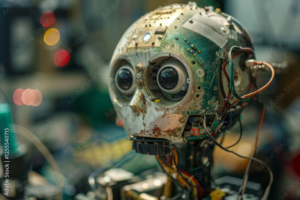 Fototapeta premium Intricate Robot Deep in Thought While Surrounded by a Futuristic Digital Landscape Filled With Glowing Circuitry and Complex Interfaces