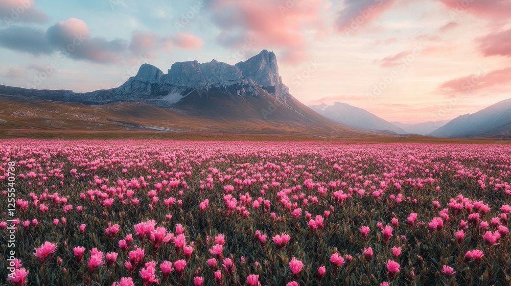 Obraz premium Vast pink flower field before majestic mountains at sunset. Perfect for travel, nature, and serenity themes, evokes peace and beauty.