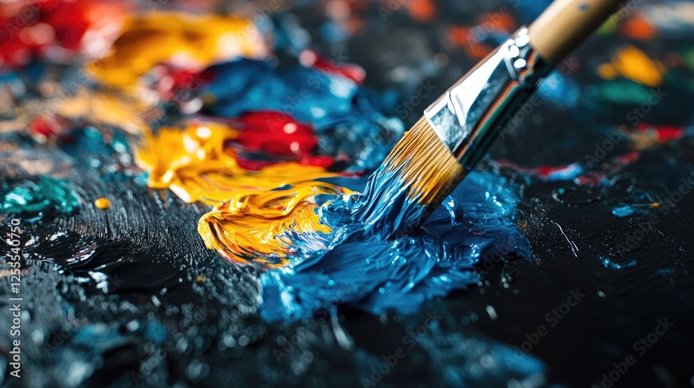 Fototapeta premium A dynamic shot of colorful paint dripping from a brush onto a glossy black surface, creating an explosion of color and artistic movement