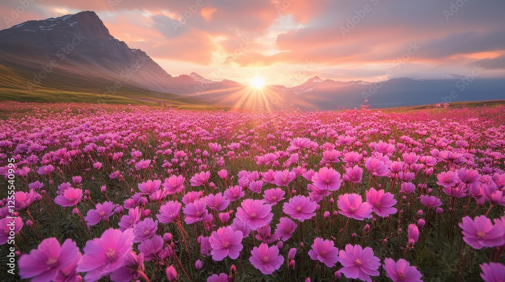 Obraz premium Vast field of pink cosmos flowers at sunrise, majestic mountains in background. Perfect for illustrating peace, tranquility, and the beauty of nature.