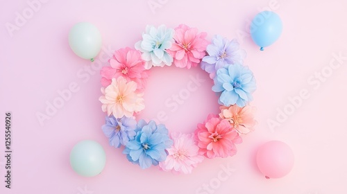 A vibrant floral wreath surrounded by colorful balloons on a pastel background.