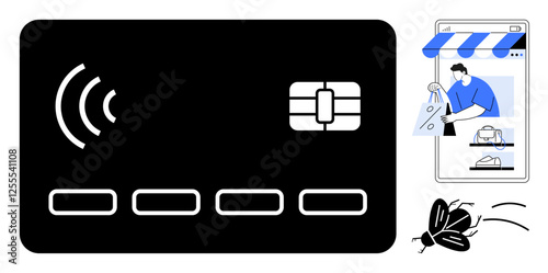 Contactless credit card and mobile phone screen with online shopping scene and shopping bag. Person interacting with e-commerce app, hinting at safe and efficient transaction process. Ideal